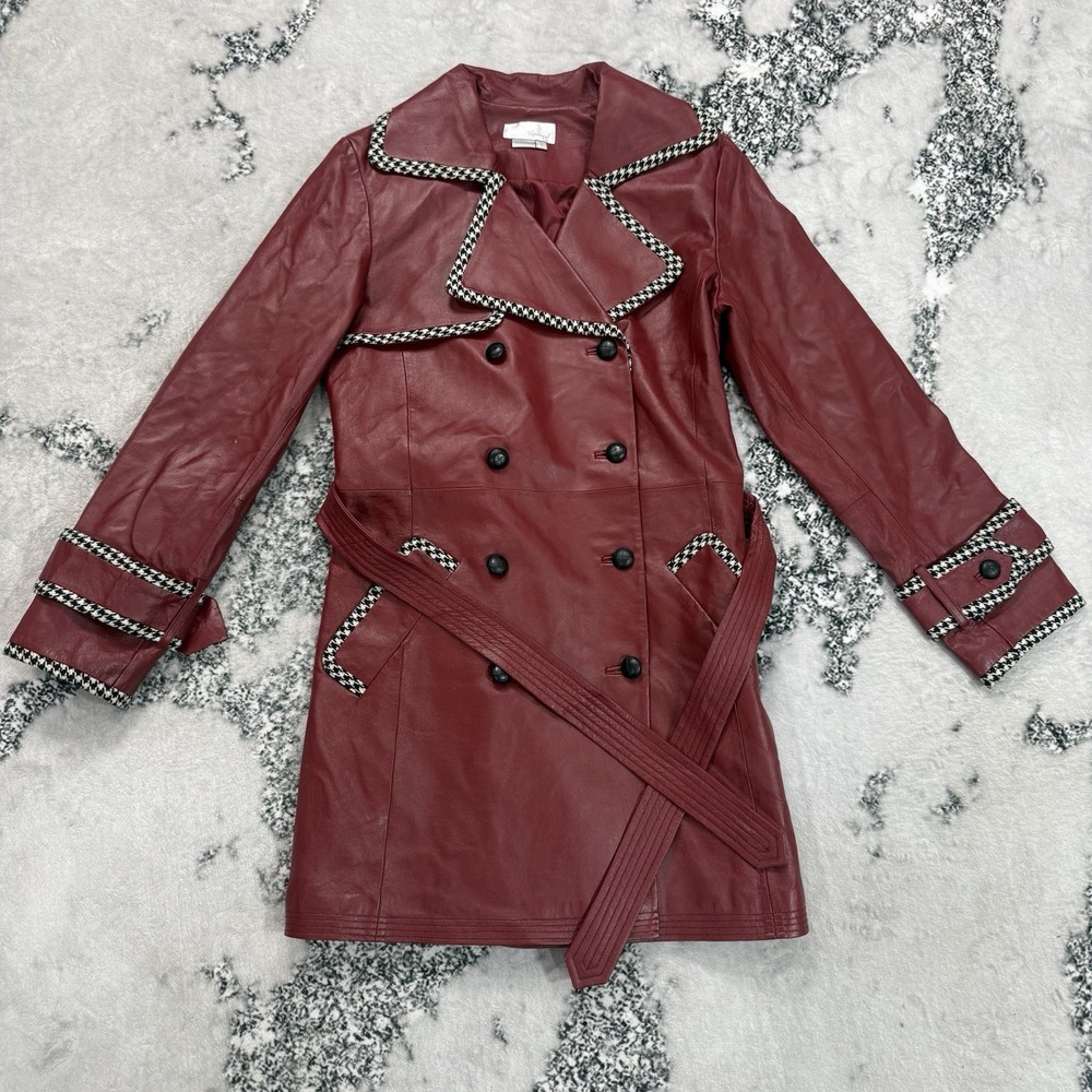 Vintage Spiegel Red Leather Trench Coat Houndstooth Trim Belted Women's Size 8